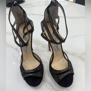Jimmy Choo black Suede Swarovski crystal open toe sandals.